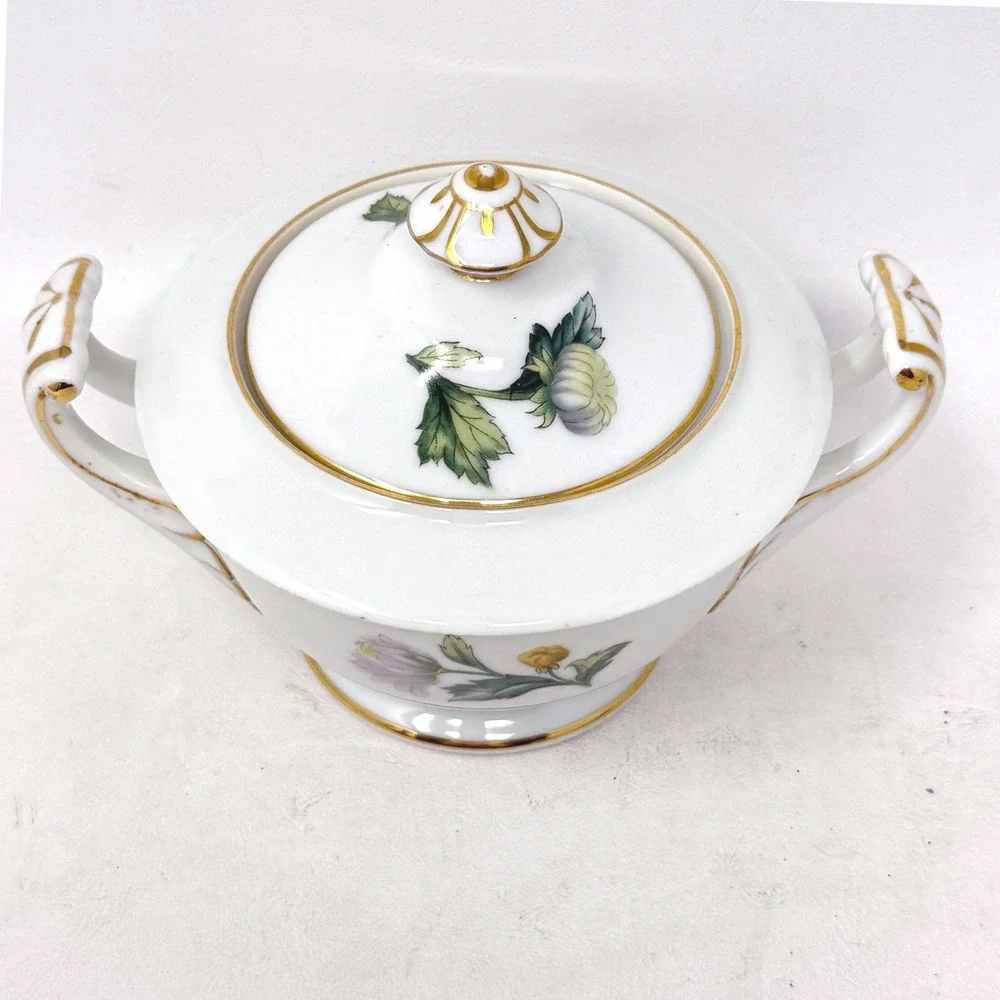 Sango Japan Chrysanthemum Lidded Sugar Bowl Gold Trim Floral Porcelain Vintage